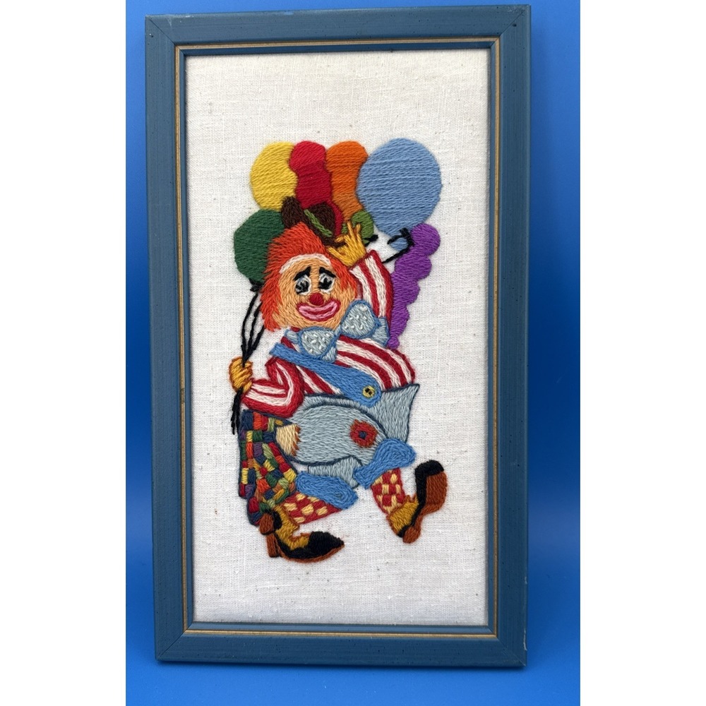 VTG 1970s‎ Hand Embroidered Clown w Balloons Framed Needlework Wall Art